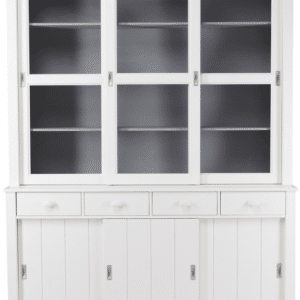 Vitrineskab WOOOD Lagos i hvidt fyrretræ med 3 glas-skydedøre & 4 skuffer - 166Ã48Ã214 cm